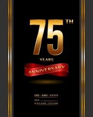 75 years anniversary celebration logotype with elegant gold color and ribbon for booklet, leaflet, magazine, brochure poster, banner, web, invitation or greeting card. Vector illustrations.