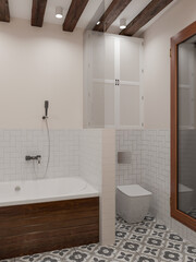 3d illustration. Stylish bathroom with toilet and wash basin, ornamented floor tiles, gray color pattern, wooden beams on the ceiling.