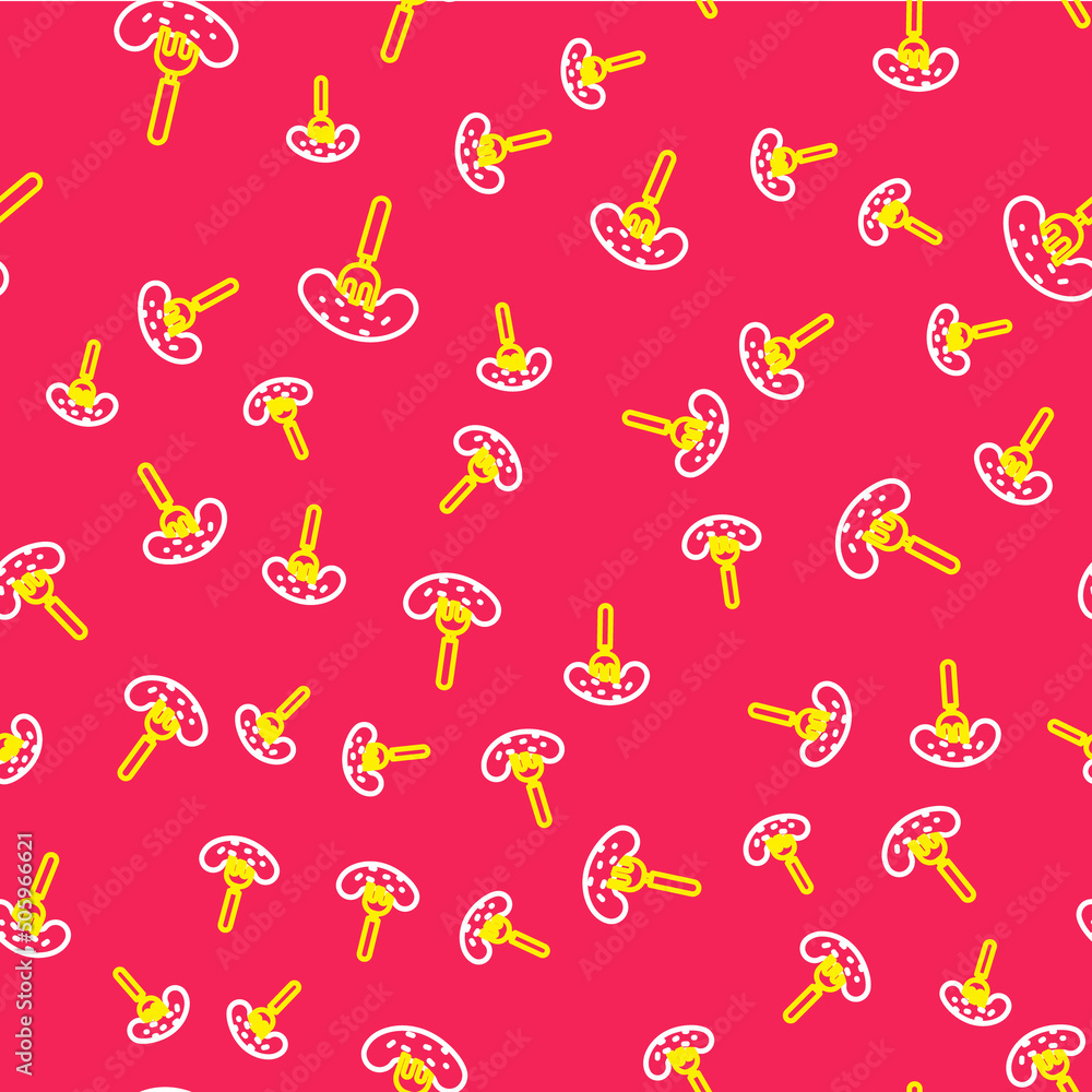 Poster line pickled cucumber on a fork icon isolated seamless pattern on red background. vector