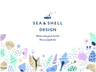 海と貝殻のフレーム-手描き