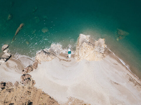 Drone on Cerralvo Island with a small boat, Baja California Sur, Mexico