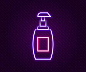 Glowing neon line Bottle of liquid antibacterial soap with dispenser icon isolated on black background. Antiseptic. Disinfection, hygiene, skin care. Colorful outline concept. Vector