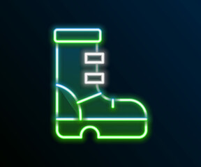 Glowing neon line Waterproof rubber boot icon isolated on black background. Gumboots for rainy weather, fishing, gardening. Colorful outline concept. Vector
