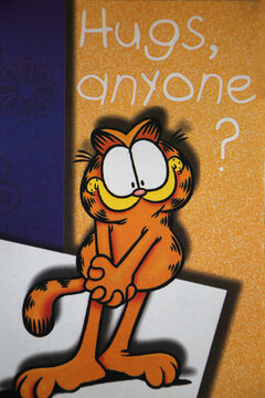 Garfield. Lasagna loving orange cat. Character of television series, comics and movies. Jim Davis character. Hugs, anyone?