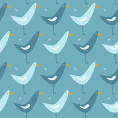 Seamless pattern with seagulls on blue background.