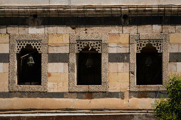 Three old windows, historical, oriental architecture,  (Al Azem Palace of Damascus)
