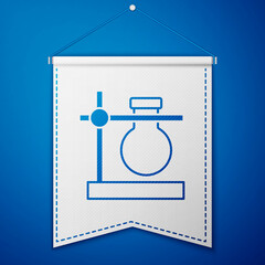 Blue Glass test tube flask on stand icon isolated on blue background. Laboratory equipment. White pennant template. Vector