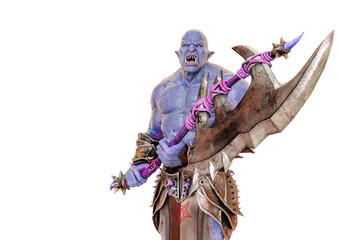 green orc holding a huge axe in a white background - obrazy, fototapety, plakaty