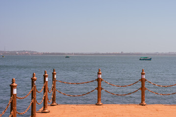 Renovated Aguada Central Jail and Fort Exteriors and facade and landscape with the blue ocean in...