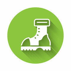 White Waterproof rubber boot icon isolated with long shadow. Gumboots for rainy weather, fishing, gardening. Green circle button. Vector