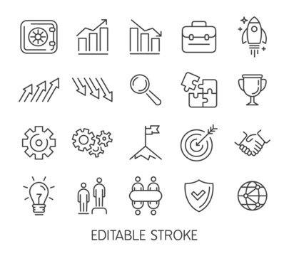 Business line icons, employee teamwork, success chart arrows, career growth, search, target and goal. Handshake, trophy, office organization vector set