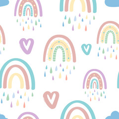 Cute rainbow and hearts seamless pattern. 