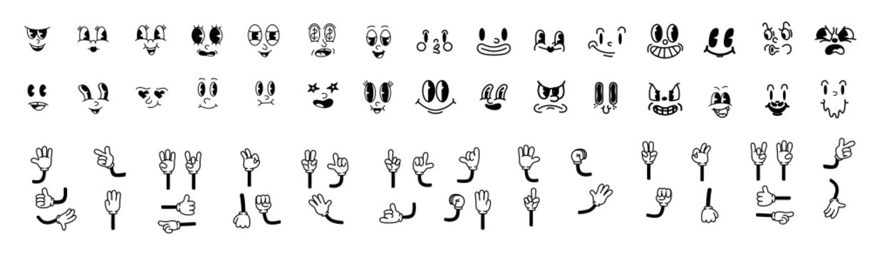 Vintage cartoon hands in gloves and characters . Cute animation character body parts. Comics arm gestures and faces vector set. Different arm movements and positions