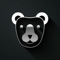 Silver Bear head icon isolated on black background. Long shadow style. Vector