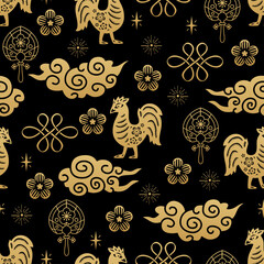 Chinese traditional oriental ornament background, Zodiac signs rooster pattern seamless. Japanese, Chinese elements. Asian texture for printing, packaging, textiles, fabric, washi paper, scrapbooking