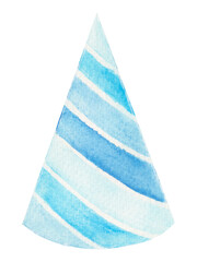 Watercolor illustration with birthday attribute, blue party hat. Festive element isolated on a white background.