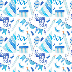 Watercolor pattern with festive elements for boy birthday, hat, candle, balloon, lettering and gift on white background.