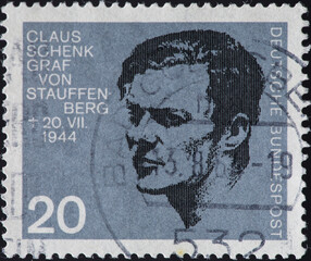 GERMANY - CIRCA 1964: a postage stamp from GERMANY, showing a portrait of the resistance fighter against Hitler Claus Schenk Graf von Stauffenberg . Circa 1964