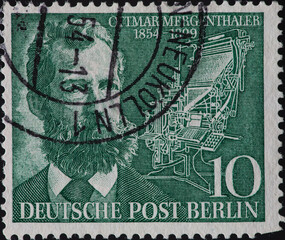 GERMANY-BERLIN - CIRCA 1954: a postage stamp from GERMANY-BERLIN, showing a portrait of the inventor of the Linotype typesetting machine, Ottmar Mergenthaler (1854–1899) . Circa 1954