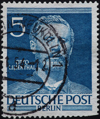 GERMANY-BERLIN - CIRCA 1952: a postage stamp from GERMANY-BERLIN, showing a portrait of the aviator...