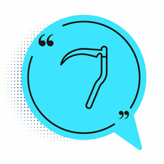 Black line Scythe icon isolated on white background. Happy Halloween party. Blue speech bubble symbol. Vector