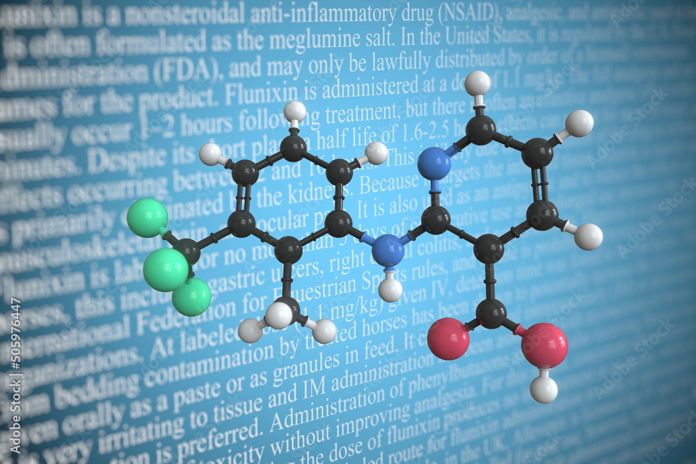Poster flunixin scientific molecular model, 3d rendering