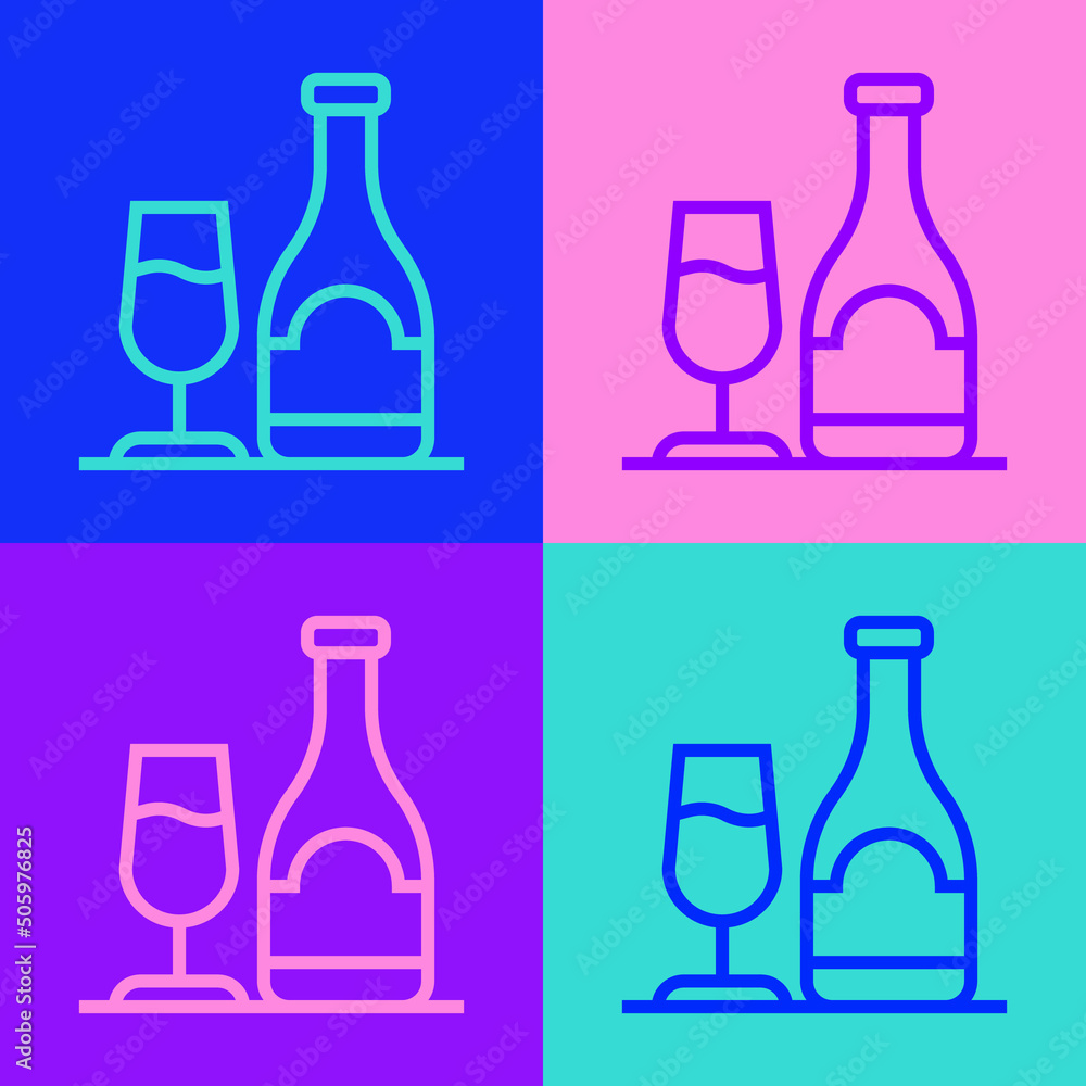 Sticker pop art line wine bottle with glass icon isolated on color background. vector