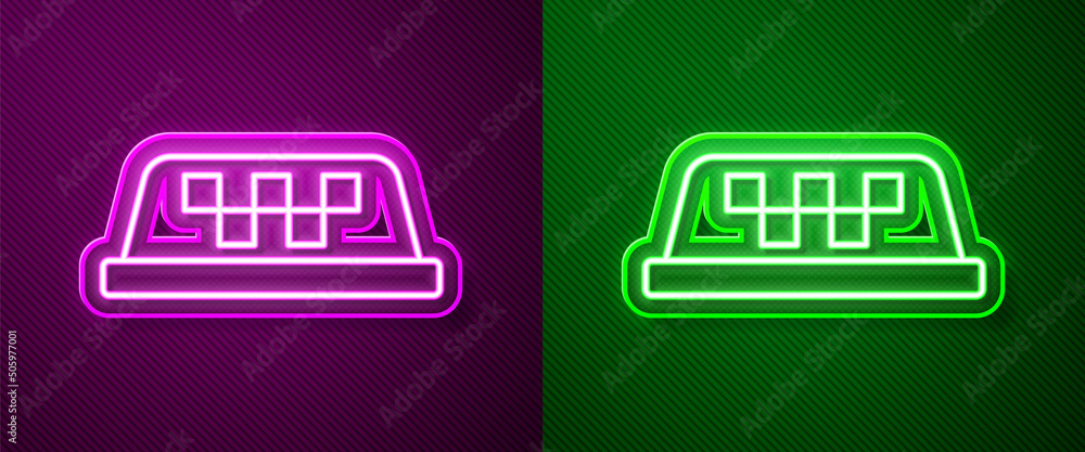 Wall mural Glowing neon line Taxi car roof icon isolated on purple and green background. Vector