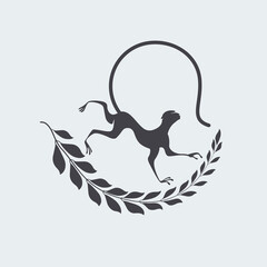 Black silhouette of Monkey and branch. Animal cartoon. Vector illustration. Works well as icon, print, emblem, poster, insignia, label, tattoo or Chinese calendar 2028 element