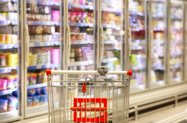 choosing a dairy products at supermarket.empty grocery cart in an empty supermarket