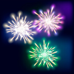 A set of fireworks on a dark background, three colors. Vector graphics