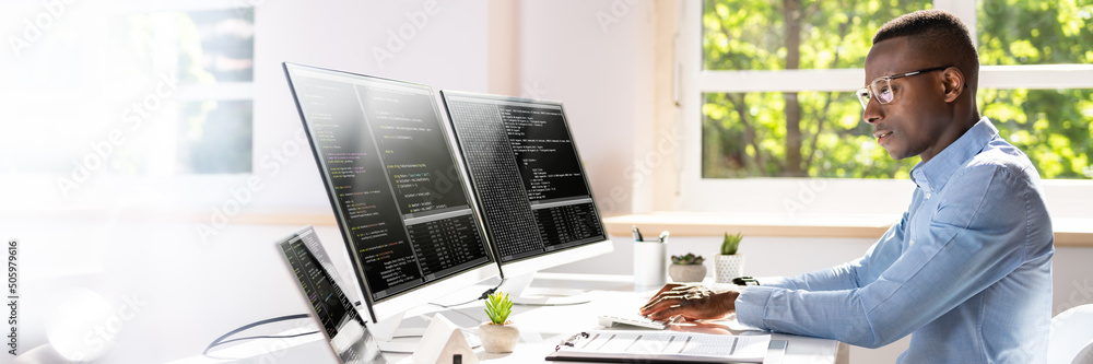 Poster African American Coder Using Computer At Desk