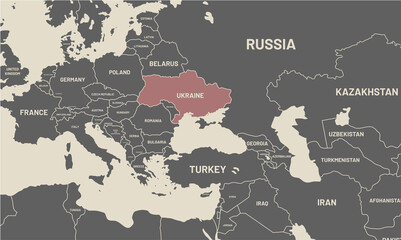 Ukraine on Europa Vector map.Ukraine colored differently from other countries. Zoomed Ukraine Russia border