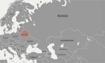 Belarus on world map. Belarusoncolored differently from other countries. Vector map design