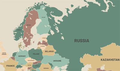 Zoomed Scandinavian countries and Russia Map. Maps of Norway, Sweden and Finland. Representation of limits on the possibility of war. Different colors between countries