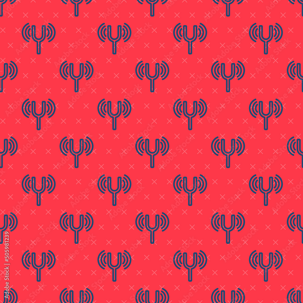 Poster blue line musical tuning fork for tuning musical instruments icon isolated seamless pattern on red b