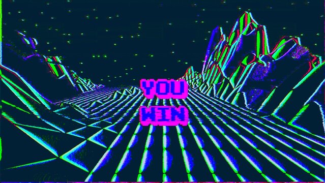 Abstract analog grunge VHS styled 80s retro background gaming and vj illustration. Retrowave horizon landscape with neon lights, low poly shaded terrain, and "You Win" text. 