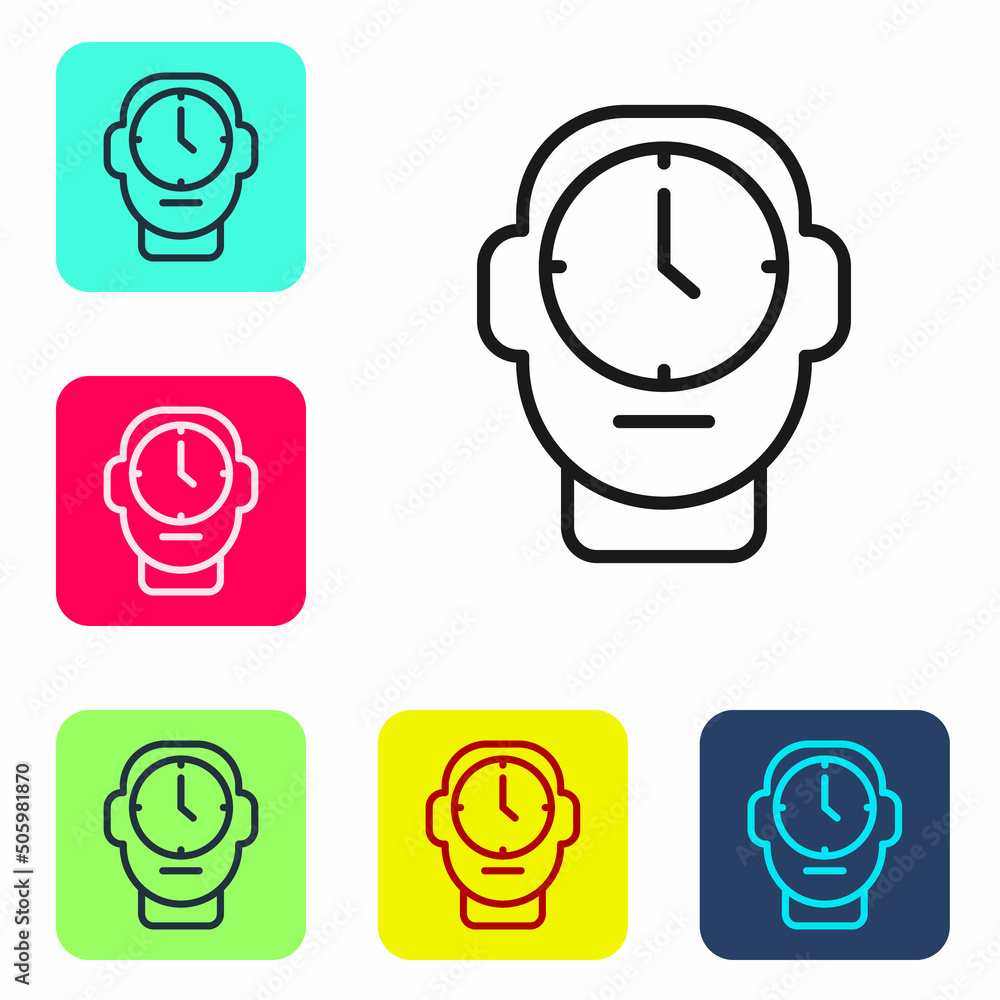 Poster black line clock icon isolated on white background. time symbol. set icons in color square buttons. 