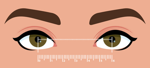 Interpupillary distance measurement template. Stylized close up of the eyes to determine the distance between the eyes. Help for the selection of the size of glasses. Vector illustration