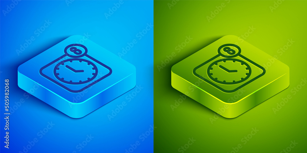Poster isometric line alarm clock app smartphone interface icon isolated on blue and green background. squa