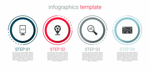 Set Advertising, Map pointer with star, Magnifying glass and analysis and Website statistic. Business infographic template. Vector