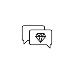 Monochrome outline sign drawn with black thin line. Modern symbol suitable for advertisement, web sites, stores. Vector line icon of diamond inside of speech bubble