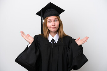 Young university graduate English woman isolated on white background having doubts while raising hands
