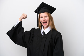 Young university graduate English woman isolated on white background doing strong gesture
