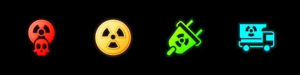 Set Radioactive, , Radiation electrical plug and Truck with radiation materials icon. Vector
