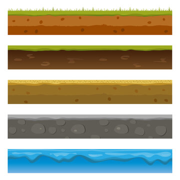 Soil, ground, and underground layers, cartoon seamless game levels. Vector cross-section view of natural earth texture with mud, pebbles, green grass, and water.