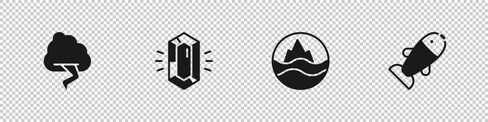 Set Cloud and lightning, Gem stone, Sea waves and Fish icon. Vector