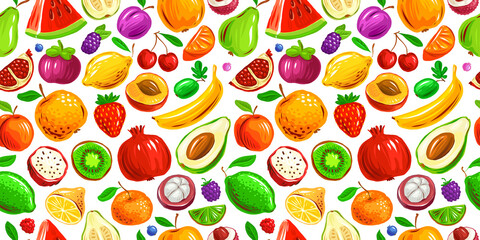Fruits and berries seamless background vector. Healthy farm organic food pattern texture