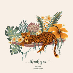 Tropical vector greeting card. Tiger, palm trees, green leaves, monstera, exotic flowers summer illustration