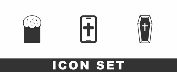 Set Easter cake, Christian cross on phone and Coffin icon. Vector